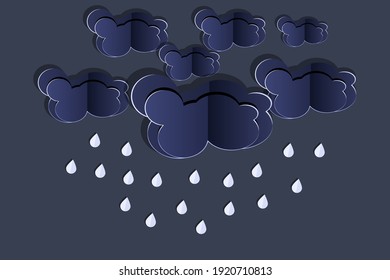 Cloud And Rain On Dark Background. Origami Rainy Season. Storm Weather Concept With Falling Water Drops From Cloudy Sky. Paper Cut And Craft Style. Overcast Sky. Weather Forecast. Vector Illustration