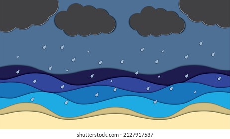 Nube y lluvia en el cielo de la noche del mar en estilo cortado de papel. Ilustración vectorial