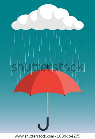 Cloud, rain and opened umbrella in the rain. Flat style vector illustration