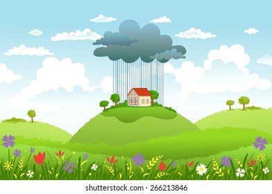 Cloud and rain over one house, while around good weather. Conceptual illustration