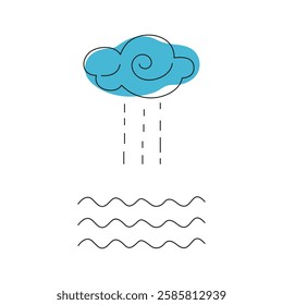 Cloud with rain over wavy water representing a calm weather concept in a minimalistic style