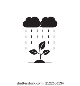 Impresión de la nube e icono de planta en glifo plano negro, estilo relleno aislado en fondo blanco