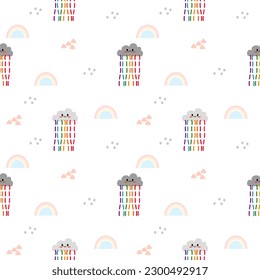 Cloud rain rainbow cartoon so cute. On mountain rainbow white background. Pattern seamless vector illustration.