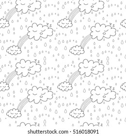 Cloud and rain seamless pattern. Black and white background.