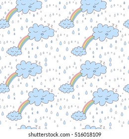 Cloud and rain seamless pattern. Cute kids childish cartoon pattern, 