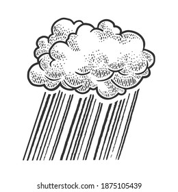 Cloud rain sketch engraving vector illustration. T-shirt apparel print design. Scratch board imitation. Black and white hand drawn image.