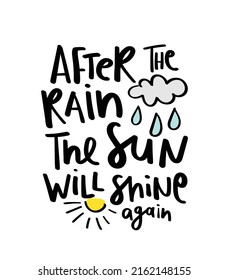 Cloud rain and sun cartoon drawings. Happy inspirational quote slogan text.Vector illustration design for kids fashion graphics, t shirt prints.