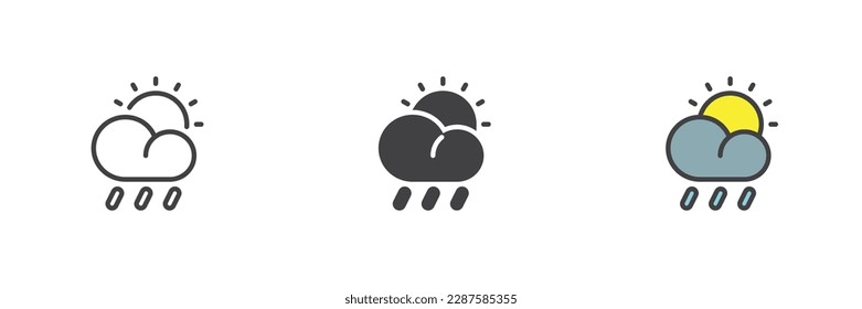 Cloud rain and sun different style icon set. Line, glyph and filled outline colorful version, outline and filled vector sign. Weather symbol, logo illustration. Vector graphics