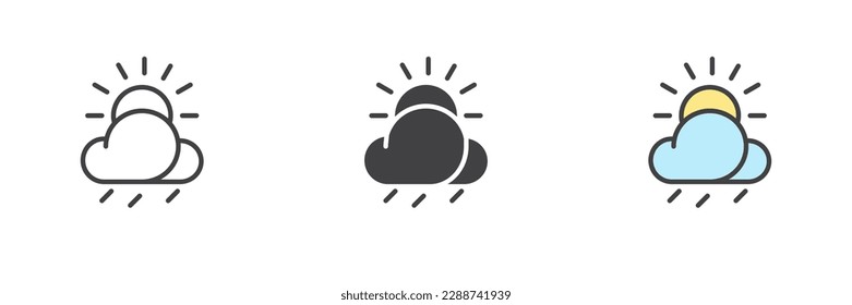 Cloud rain and sun different style icon set. Line, glyph and filled outline colorful version, outline and filled vector sign. Weather symbol, logo illustration. Vector graphics