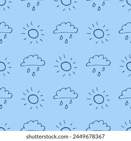 A cloud with rain and sunshine. A cute, minimalist set of wall art for the children's room. Seamless pattern collection. Children's design by Doodle.
