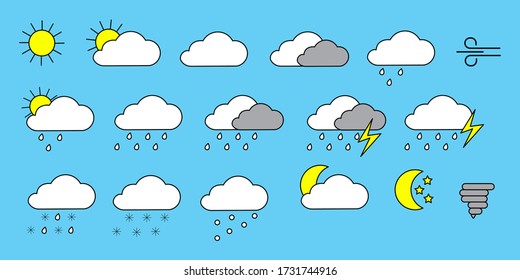 Cloud, rain, sunshine weather on one vector icon. Image of weather forecast, lightning, storm, snow, hurricane. Template for different weather conditions. Stock Photo.