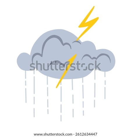 Cloud rain thunderstorm bad weather icon isolated on white background. Vector hand drawn illustration of grey cloud, raindrop, light flash for forecast. 