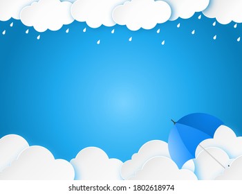 Cloud rain with umbrella on blue background, clear sky with cloud, rain season, cloudy day,weather forecast concept, rain promotion for advertising, vector illustration 