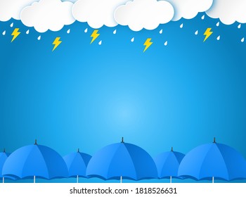 Cloud rain with umbrella on blue background, clear sky with cloud, thunder, rain season, cloudy day,weather forecast concept, rain promotion for advertising, vector illustration