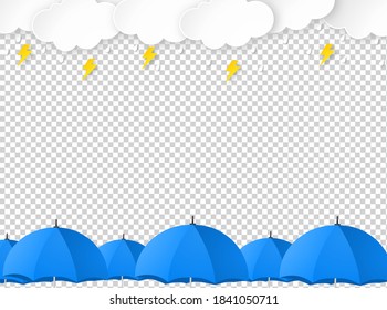 Cloud Rain With Umbrellas, Thunderbolt  Isolate On Png Or Transparent, Clear Sky With Cloud, Rain Season, Cloudy Day,weather Forecast Concept, Rain Promotion For Advertising, Vector Illustration  