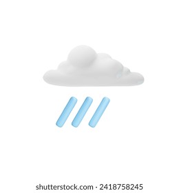Cloud with rain, volumetric 3d icon, vector illustration isolated on white background. Weather and precipitation symbol, cute cartoon cloud in realistic plastic effect. Render icon