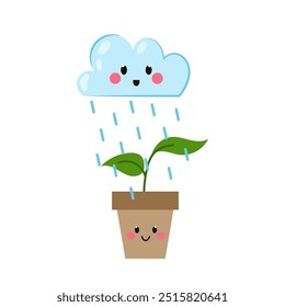 Nuvem com chuva regando a planta. Conceito infantil de cultivo de plantas na natureza. Planta pequena crescendo no solo e regada por gotas de chuva. Ilustração de desenho animado de nuvem e planta.