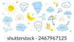 Cloud rain weather cartoon cute set. Cloud, sun, moon weather character with smile and angry face. Hand drawn doodle sketch style. Rainbow, wind, tornado doodle character. Vector illustration.