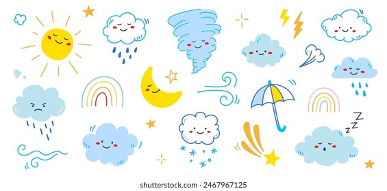 Cloud rain weather cartoon cute set. Cloud, sun, moon weather character with smile and angry face. Hand drawn doodle sketch style. Rainbow, wind, tornado doodle character. Vector illustration.