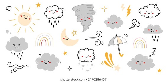 Wolkenregen Wetter Cartoon niedliche Set. Wolke, Sonne, Mond Wetter Charakter mit Lächeln und wütendem Gesicht. Handgezeichneter Doodle-Skizzenstil. Regenbogen, Wind, Tornado Doodle Charakter. Vektorillustration.