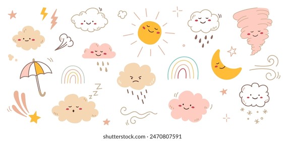 Cloud rain weather cartoon cute set. Cloud, sun, moon weather character with smile and angry face. Hand drawn doodle sketch style. Rainbow, wind, tornado doodle character. Vector illustration.