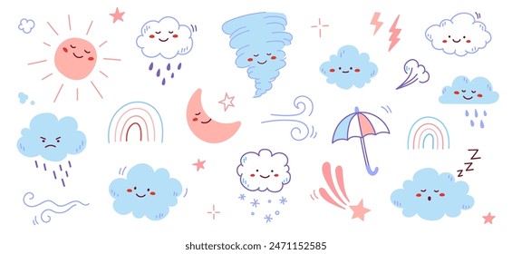 Cloud rain weather cartoon cute set. Cloud, sun, moon weather character with smile and angry face. Hand drawn doodle sketch style. Rainbow, wind, tornado doodle character. Vector illustration.