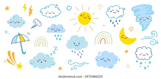 Cloud rain weather cartoon cute set. Cloud, sun, moon weather character with smile and angry face. Hand drawn doodle sketch style. Rainbow, wind, tornado doodle character. Vector illustration.