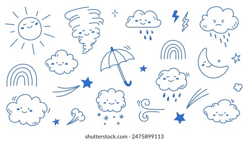 Cloud rain weather cartoon cute set. Cloud, sun, moon weather character with smile and angry face. Hand drawn doodle sketch style. Rainbow, wind, tornado doodle character. Vector illustration.