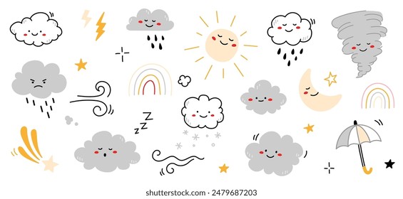 Cloud rain weather cartoon cute set. Cloud, sun, moon weather character with smile and angry face. Hand drawn doodle sketch style. Rainbow, wind, tornado doodle character. Vector illustration.