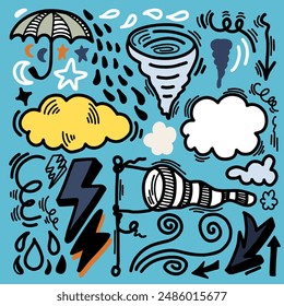 Cloud rain weather cartoon cute set. Cloud, thunderbolt, moon. Hand drawn doodle sketch style. Rainbow, wind, tornado doodle character. 