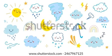 Cloud rain weather cartoon cute set. Cloud, sun, moon weather character with smile and angry face. Hand drawn doodle sketch style. Rainbow, wind, tornado doodle character. Vector illustration.