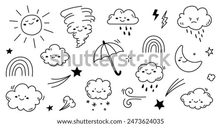 Cloud rain weather cartoon cute set. Cloud, sun, moon weather character with smile and angry face. Hand drawn doodle sketch style. Rainbow, wind, tornado doodle character. Vector illustration.