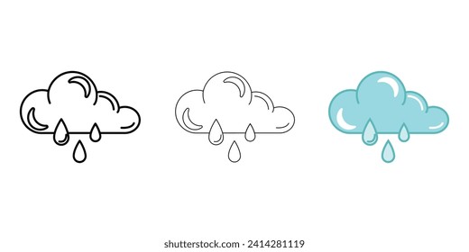 Cloud with rain Weather Icon vector image on white background. Three icons thick, thin, colored outline. Can be used for mobile apps, web apps and print media