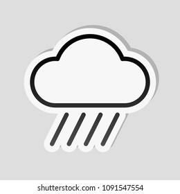 Cloud and rain. Weather simple icon. Linear style. Sticker style with white border and simple shadow on gray background