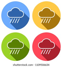 Cloud and rain. Weather simple icon. Linear style. Set of white icons with long shadow on blue, orange, green and red colored circles. Sticker style