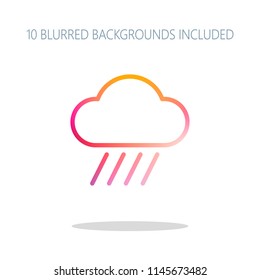 Cloud and rain. Weather simple icon. Linear style. Colorful logo concept with simple shadow on white. 10 different blurred backgrounds included