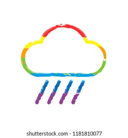 Cloud and rain. Weather simple icon. Linear style. Drawing sign with LGBT style, seven colors of rainbow (red, orange, yellow, green, blue, indigo, violet