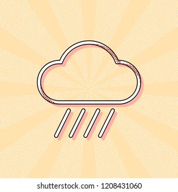 Cloud and rain. Weather simple icon. Linear style. Vintage retro typography with offset printing effect. Dots poster with comics pop art background