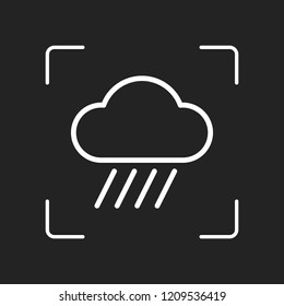 Cloud and rain. Weather simple icon. Linear style. White object in camera autofocus on dark background