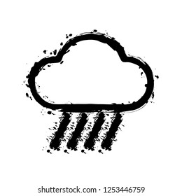 Cloud and rain. Weather simple icon. Linear style. Black ink with splashes on white background
