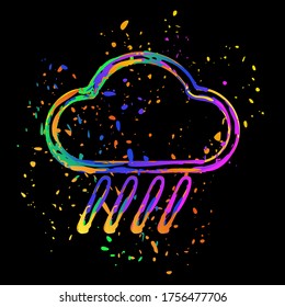 Cloud and rain. Weather simple icon. Linear style. Colored ink with splashes on black background