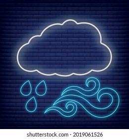 Cloud with rain and wind icon glow neon style, concept weather condition outline flat vector illustration, isolated on black. Brick background, web climate label stuff.