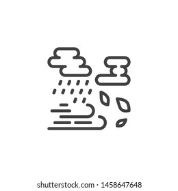 Cloud rain wind and leaves line icon. Rainy cloudy windy linear style sign for mobile concept and web design. Hurricane outline vector icon. Autumn weather symbol, logo illustration. Vector graphics