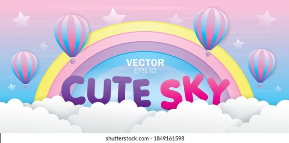 Nube y arco iris con globo de aire sobre un bonito fondo de cielo pastel.