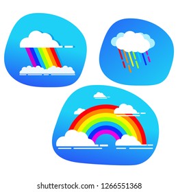 Cloud rainbow arc,rain shape blue sky.Cartoon vector flat.Concept decoration children room.Colorful striped.
Isolated on a white background.