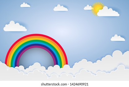 Cloud and Rainbow in blue sky Paper art Style the concept is season day,vector design element illustration