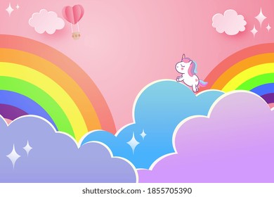 Cloud and Rainbow in the Blue sky with paper art style. Stylized paper cutout rainbow and clouds background. Vector illustration of clouds,stars,rainbow, unicorn and heart balloons.Vector illustration