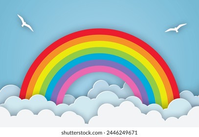 Nube y arco iris en el cielo azul con el estilo de arte de papel el concepto es la temporada de verano. Ilustración vectorial