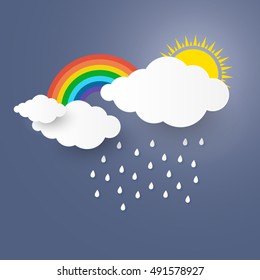 Cloud and Rainbow in blue sky  Paper art style Rainy season concept  ,vector design element illustration