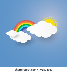 Wolke und Regenbogen am blauen Himmel mit Papierkunst-Stil das Konzept ist Sommersaison oder Freiheit Hintergrund für Sie Design, Vektorelement Illustration